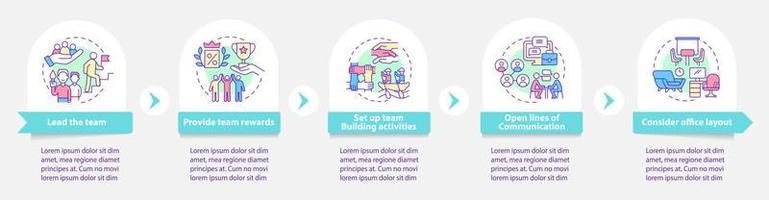 promover el trabajo en equipo en la plantilla infográfica redonda del lugar de trabajo. visualización de datos con 5 pasos. gráfico de información de la línea de tiempo del proceso. diseño de flujo de trabajo con iconos de línea. innumerables fuentes pro-negrita y regulares utilizadas vector