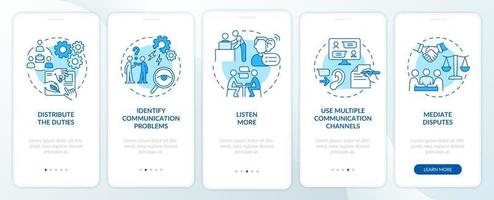 Ways to improve teamwork blue onboarding mobile app screen. Strategy walkthrough 5 steps graphic instructions pages with linear concepts. UI, UX, GUI template. Myriad Pro-Bold, Regular fonts used vector