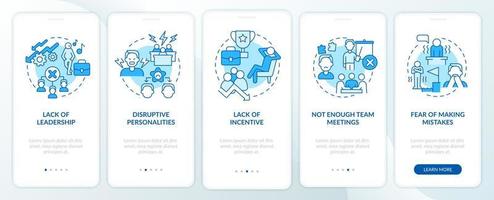 Teamwork failing reasons blue onboarding mobile app screen. Issues walkthrough 5 steps graphic instructions pages with linear concepts. UI, UX, GUI template. Myriad Pro-Bold, Regular fonts used vector