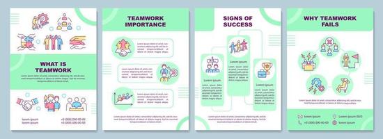 Teamwork green brochure template. Fails and success. Booklet print design with linear icons. Vector layouts for presentation, annual reports, ads. Arial-Black, Myriad Pro-Regular fonts used
