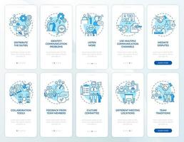 Teamwork blue onboarding mobile app screen set. Effective team walkthrough 5 steps graphic instructions pages with linear concepts. UI, UX, GUI template. Myriad Pro-Bold, Regular fonts used vector