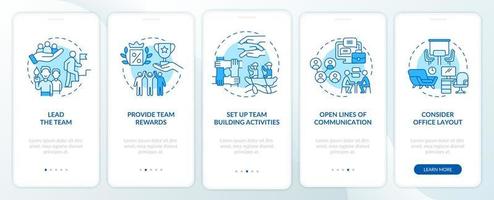 Promoting teamwork in workplace blue onboarding mobile app screen. Growth walkthrough 5 steps graphic instructions pages with linear concepts. UI, UX, GUI template. Myriad Pro-Bold, Regular fonts used vector