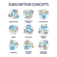 Subscription concept icons set. Premium account. Business model idea thin line color illustrations. Isolated outline drawings. Editable stroke. Roboto-Medium, Myriad Pro-Bold fonts used
