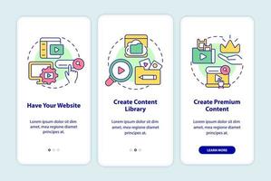 Video on demand onboarding mobile app screen. Content distribution walkthrough 3 steps graphic instructions pages with linear concepts. UI, UX, GUI template. Myriad Pro-Bold, Regular fonts used vector
