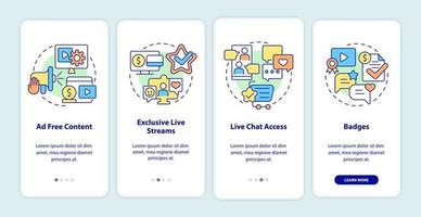 Paid subscription features onboarding mobile app screen. Walkthrough 4 steps graphic instructions pages with linear concepts. UI, UX, GUI template. Myriad Pro-Bold, Regular fonts used vector