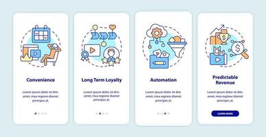 Benefits of subscription based services onboarding mobile app screen. Walkthrough 4 steps graphic instructions pages with linear concepts. UI, UX, GUI template. Myriad Pro-Bold, Regular fonts used vector