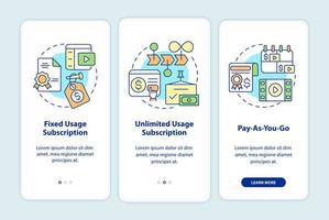 Types of subscription onboarding mobile app screen. Pay for content walkthrough 3 steps graphic instructions pages with linear concepts. UI, UX, GUI template. Myriad Pro-Bold, Regular fonts used vector