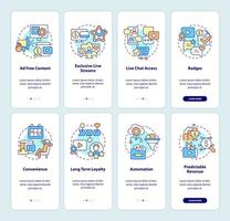 Subscription benefits onboarding mobile app screen set. Walkthrough 4 steps graphic instructions pages with linear concepts. UI, UX, GUI template. Myriad Pro-Bold, Regular fonts used vector