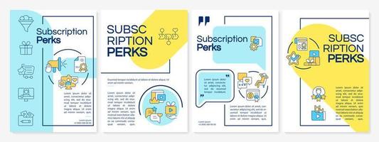 Subscription perks blue and yellow brochure template. Booklet print design with linear icons. Vector layouts for presentation, annual reports, ads. Questrial-Regular, Lato-Regular fonts used