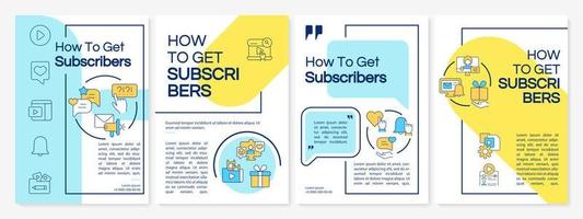 How to get subscribers blue and yellow brochure template. Booklet print design with linear icons. Vector layouts for presentation, annual reports, ads. Questrial-Regular, Lato-Regular fonts used