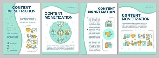 Content monetization mint brochure template. Earn money online. Booklet print design with linear icons. Vector layouts for presentation, annual reports, ads. Arial-Black, Myriad Pro-Regular fonts used