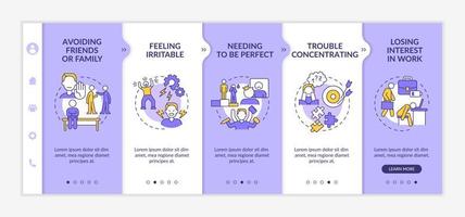 Workplace anxiety purple and white onboarding template. Stress symptoms at work. Responsive mobile website with linear concept icons. Web page walkthrough 5 step screens. Lato-Bold, Regular fonts used vector