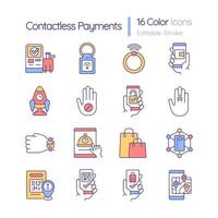Contactless payment solution RGB color icons set. Mobile wireless system for commerce. Isolated vector illustrations. Simple filled line drawings collection. Editable stroke. Arial font used