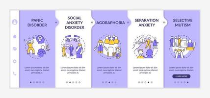 Types of anxiety disorders purple and white onboarding template. Mental illness. Responsive mobile website with linear concept icons. Web page walkthrough 5 step screens. Lato-Bold, Regular fonts used vector