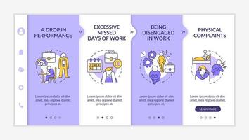 Workplace anxiety reasons purple and white onboarding template. Mental disorder. Responsive mobile website with linear concept icons. Web page walkthrough 4 step screens. Lato-Bold, Regular fonts used vector