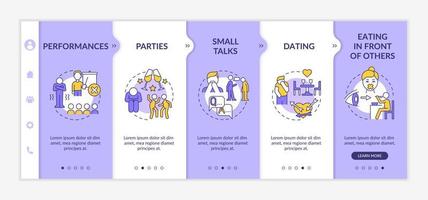 Common anxiety triggers purple and white onboarding template. Mental disorder. Responsive mobile website with linear concept icons. Web page walkthrough 5 step screens. Lato-Bold, Regular fonts used vector