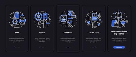 Contactless pay pros night mode onboarding mobile app screen. Service walkthrough 5 steps graphic instructions pages with linear concepts. UI, UX, GUI template. Myriad Pro-Bold, Regular fonts used vector