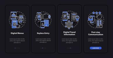 Contactless service for hotel night mode onboarding mobile app screen. Walkthrough 4 steps graphic instructions pages with linear concepts. UI, UX, GUI template. Myriad Pro-Bold, Regular fonts used vector