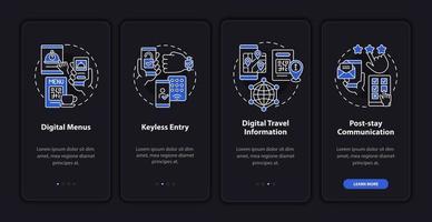 Contactless service for hotel night mode onboarding mobile app screen. Walkthrough 4 steps graphic instructions pages with linear concepts. UI, UX, GUI template. Myriad Pro-Bold, Regular fonts used vector