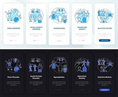 tipos de ansiedad modo día y noche incorporando la pantalla de la aplicación móvil. tutorial mental 5 pasos páginas de instrucciones gráficas con conceptos lineales. interfaz de usuario, ux, plantilla de interfaz gráfica de usuario. innumerables fuentes pro-negrita y regulares utilizadas vector