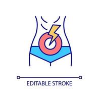 Stomachache RGB color icon. Sudden abdominal pain. Digestive system disease. Appendicitis inflammation. Isolated vector illustration. Simple filled line drawing. Editable stroke. Arial font used