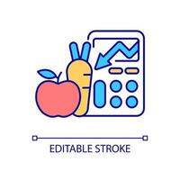 Calorie counting RGB color icon. Calorie deficit. Healthy fruit and vegetable diet. Eat natural organic food. Isolated vector illustration. Simple filled line drawing. Editable stroke. Arial font used