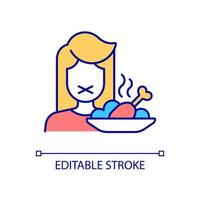 Avoid food intake RGB color icon. Skip meals. Anorexia symptom. Consume less nutrition. Self starvation. Isolated vector illustration. Simple filled line drawing. Editable stroke. Arial font used