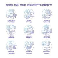 conjunto de iconos de concepto de degradado azul de tareas y beneficios de gemelos digitales. idea de hermanamiento de componentes y productos ilustraciones en color de línea delgada. dibujos de contorno aislados. roboto-medium, innumerables fuentes pro-bold utilizadas vector