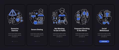 anorexia síntomas emocionales modo nocturno incorporando la pantalla de la aplicación móvil. tutorial 5 pasos páginas de instrucciones gráficas con conceptos lineales. interfaz de usuario, ux, plantilla de interfaz gráfica de usuario. innumerables fuentes pro-negrita y regulares utilizadas vector