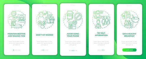 Build morning routine green gradient onboarding mobile app screen. Ideas walkthrough 5 steps graphic instructions pages with linear concepts. UI, UX, GUI template. Myriad Pro-Bold, Regular fonts used vector