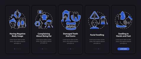 Signs of bulimia night mode onboarding mobile app screen. Face swelling walkthrough 5 steps graphic instructions pages with linear concepts. UI, UX, GUI template. Myriad Pro-Bold, Regular fonts used vector