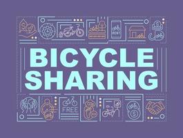 Bike sharing program word concepts banner. Sustainable future. Infographics with linear icons on purple background. Isolated creative typography. Vector outline color illustration with text