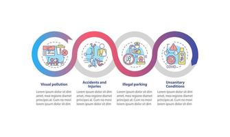 Plantilla infográfica vectorial de problemas de scooters eléctricos. elementos de diseño del esquema de presentación de accidentes. visualización de datos con 4 pasos. gráfico de información de la línea de tiempo del proceso. diseño de flujo de trabajo con iconos de línea vector