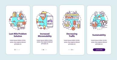 Scooter sharing benefits onboarding mobile app page screen. Increased micromobility walkthrough 4 steps graphic instructions with concepts. UI, UX, GUI vector template with linear color illustrations