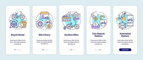 Bicycle sharing categories onboarding mobile app page screen. Bike library walkthrough 5 steps graphic instructions with concepts. UI, UX, GUI vector template with linear color illustrations
