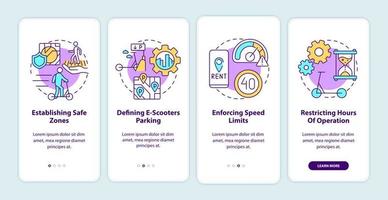 Scooter sharing regulations onboarding mobile app page screen. Establish safe zones walkthrough 4 steps graphic instructions with concepts. UI, UX, GUI vector template with linear color illustrations