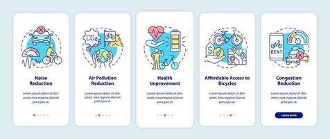 Bike sharing goals onboarding mobile app page screen. Noise reduction walkthrough 5 steps graphic instructions with concepts. UI, UX, GUI vector template with linear color illustrations