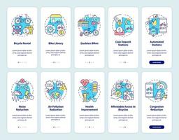 conjunto de pantalla de la página de la aplicación móvil incorporada para compartir bicicletas y scooters. Tutorial de alquiler de bicicletas Instrucciones gráficas de 5 pasos con conceptos. ui, ux, plantilla vectorial gui con ilustraciones en color lineal vector
