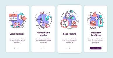 Scooter sharing problems onboarding mobile app page screen. Visual pollution walkthrough 4 steps graphic instructions with concepts. UI, UX, GUI vector template with linear color illustrations