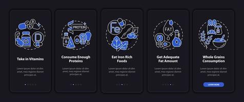 Nutrition during pregnancy onboarding mobile app page screen. Eat healthy foods walkthrough 5 steps graphic instructions with concepts. UI, UX, GUI vector template with linear night mode illustrations