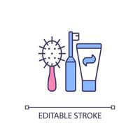 Personal hygiene products RGB color icon. Toothbrush with toothpaste. Essential items. Hair comb. Feminine care package. Isolated vector illustration. Simple filled line drawing. Editable stroke