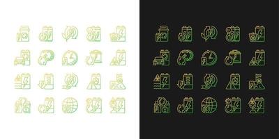 Battery recycling gradient icons set for dark and light mode. Electronic waste processing. Thin line contour symbols bundle. Isolated vector outline illustrations collection on black and white