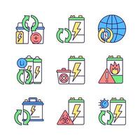 Battery reuse RGB color icons set. Recyclable electronic waste. Accumulator recycling. Correct disposal. Environment protection. Isolated vector illustrations. Simple filled line drawings collection