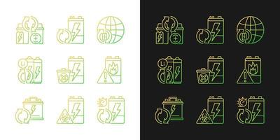 Battery reuse gradient icons set for dark and light mode. Recyclable accumulators. Thin line contour symbols bundle. Isolated vector outline illustrations collection on black and white