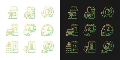 Battery processing gradient icons set for dark and light mode. Accumulators reuse and recycling. Thin line contour symbols bundle. Isolated vector outline illustrations collection on black and white