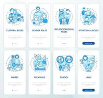 Roles and moral norms blue set onboarding mobile app page screen. Social activity walkthrough 8 steps graphic instructions with concepts. UI, UX, GUI vector template with linear color illustrations