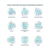 Social participation and volunteering blue concept icons set. Different roles for people in community idea thin line color illustrations. Vector isolated outline drawings. Editable stroke