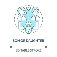 Son or daughter social role blue concept icon. Baby function part in family. Child role model society abstract idea thin line illustration. Vector isolated outline color drawing. Editable stroke