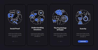 Neuroscience canons onboarding mobile app page screen. Habit psychology walkthrough 4 steps graphic instructions with concepts. UI, UX, GUI vector template with linear night mode illustrations