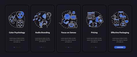 ejemplos de la pantalla de la página de la aplicación móvil de incorporación de neurociencia. enfoque en los sentidos tutorial 5 pasos instrucciones gráficas con conceptos. ui, ux, plantilla vectorial gui con ilustraciones lineales en modo nocturno vector